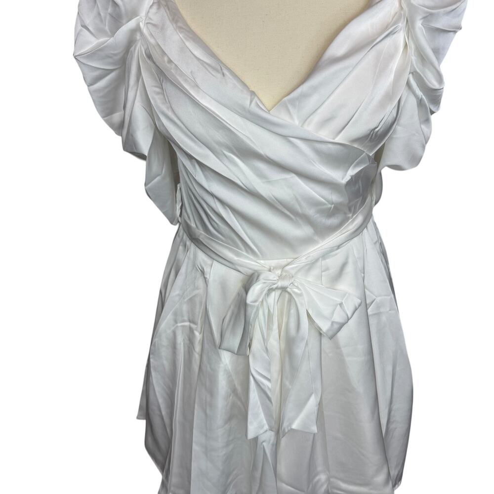Mustard Seed White Satin Mini Dress Small Puff Sleeve Ruched Tie Cottagecore NWT - Picture 3 of 8